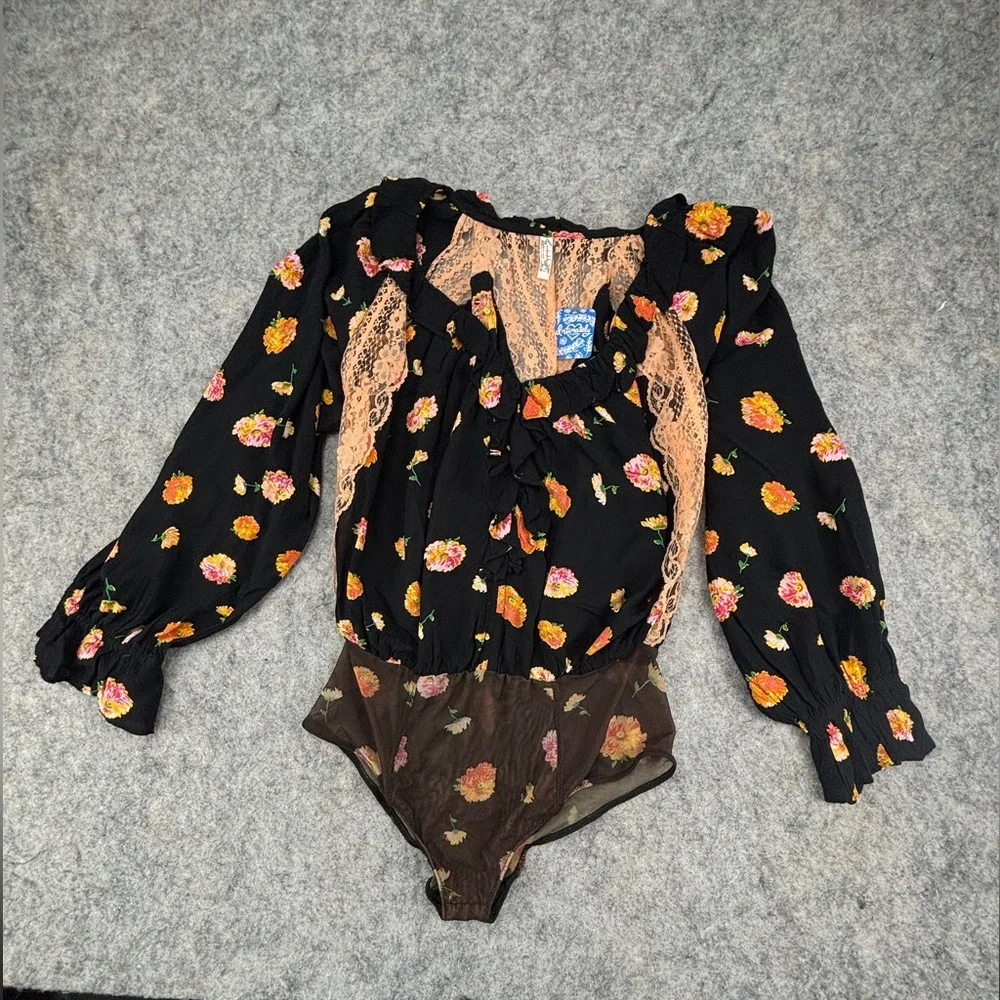 Free People |‎ Poppy Print Bodysuit | Black | Women’s Size Small